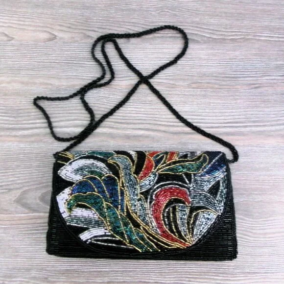 Vintage Beaded Art Deco Style Crossbody Purse Shoulder Bag Multi Color Black Red - Picture 1 of 13